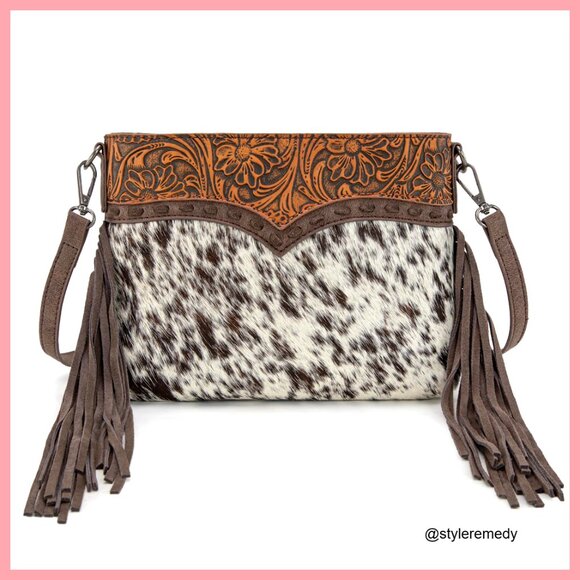Hair-On Cowhide Crossbody Bag with Floral Embossed Design